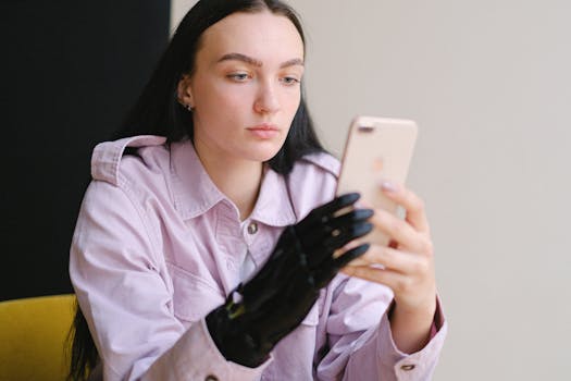 Adult woman with bionic arm using smartphone indoors, representing innovation and technology.