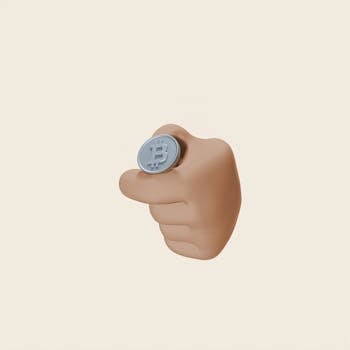 Minimalistic 3D render of a hand flipping a Bitcoin coin, symbolizing cryptocurrency decisions.